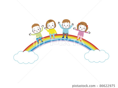 Smiley children sitting on a rainbow arch Smiley children sitting on a rainbow arch 86622975