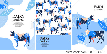 Sample brochure. Agricultural background. Silhouettes of cows and leaves. Sample brochure. Agricultural background. Silhouettes of cows and leaves. 86623478