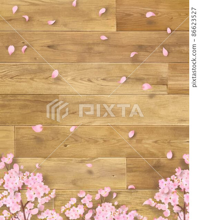 Wallpaper background material with cherry tree branches and petals scattered on a warm wood grain board 86623527