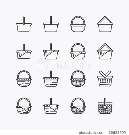 Bundle of Basket wicker vintage flat line icons collection. simple design vector Bundle of Basket wicker vintage flat line icons collection. simple design vector 86623705
