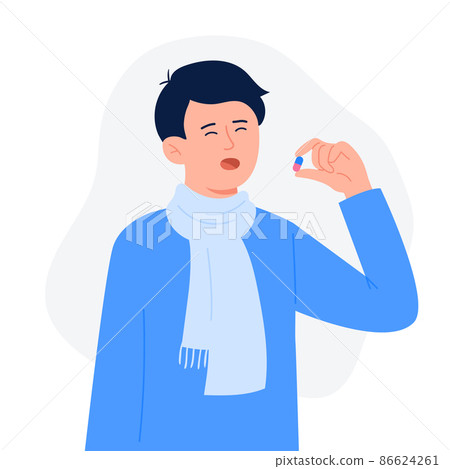 A young man drinks a pill. Cartoon character standing and holding pill capsule painkiller or vitamin medication in hand. Medical drugs and vitamin concept. Vector flat colorful illustration. 86624261