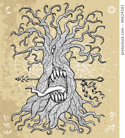Mystic fantasy tree line art vector illustration with occult and esoteric symbols against texture background 86624381