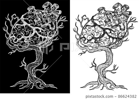 Black and white mystic fantasy tree line art vector illustration with occult and esoteric symbols, branches holding anatomy heart 86624382