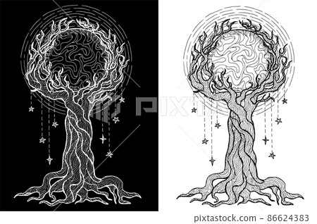 Black and white mystic fantasy tree line art vector illustration with occult and esoteric symbols, branches around the full moon 86624383