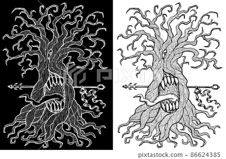 Black and white mystic fantasy tree line art vector illustration with occult and esoteric symbols 86624385