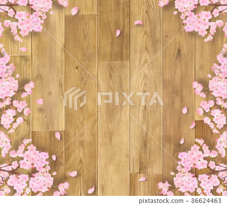 壁紙背景材料，櫻桃樹枝和花瓣散落在溫暖的木紋板上 86624463