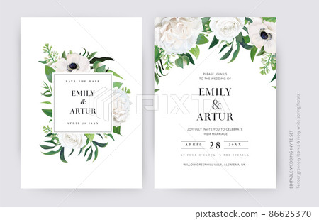 Neutral, vector, floral wedding invite, save the date card set. Spring white rose flowers, anemone, delicate lilac branches, green eucalyptus leaves decorative bouquet frame, border. Editable template Neutral, vector, floral wedding invite, save the date card set. Spring white rose flowers, anemone, delicate lilac branches, green eucalyptus leaves decorative bouquet frame, border. Editable template 86625370