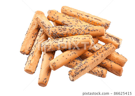 Crispy breadsticks with poppy seeds isolated on white background Crispy breadsticks with poppy seeds isolated on white background 86625415