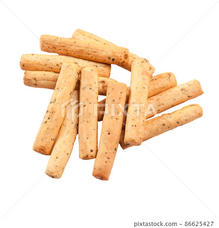 Crunchy bread sticks filled with onion and herbs isolated on white Crunchy bread sticks filled with onion and herbs isolated on white 86625427