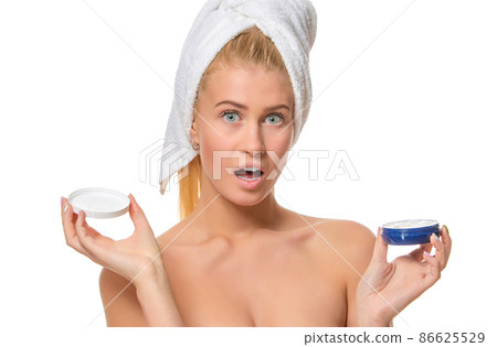 Beautiful spa girl holding jar of cream. Closeup Beautiful spa girl holding jar of cream. Closeup 86625529