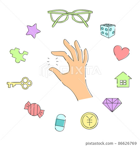 Illustrations of hands and various items 86626769