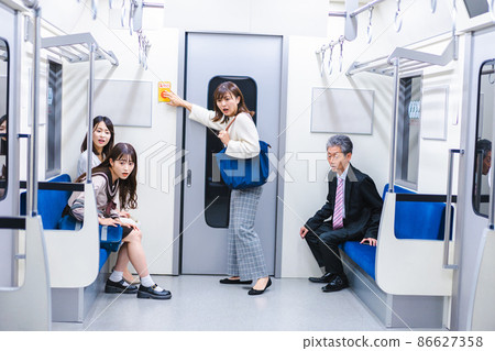 Passengers pressing the SOS button on the train Passengers pressing the SOS button on the train 86627358