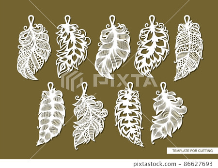 Set of pendants in the shape of leaf, feather. Beautiful hanging decoration, ornaments with lace pattern. Vector template for cnc, plotter laser cutting of jewelry, key chains, accessories, bijouterie 86627693