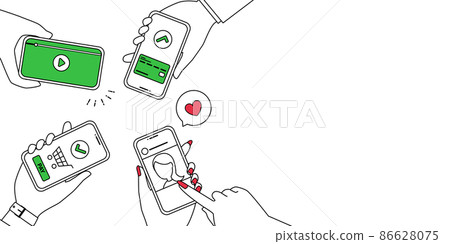 人們在智能手機上進行 sns、視頻、無現金支付和網上購物的矢量插圖 86628075