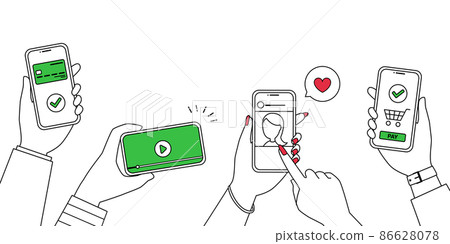 Vector illustrations of people doing sns, videos, cashless payments and online shopping on their smartphones Vector illustrations of people doing sns, videos, cashless payments and online shopping on their smartphones 86628078