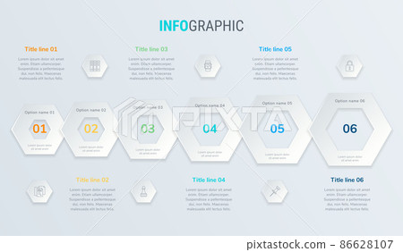 Vector infographics timeline design template with honeycomb elements. Content, schedule, timeline, diagram, workflow, business, infographic, flowchart. 6 steps infographic. 86628107