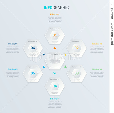 Vector infographics timeline design template with honeycomb elements. Content, schedule, timeline, diagram, workflow, business, infographic, flowchart. 6 options infographic. 86628108