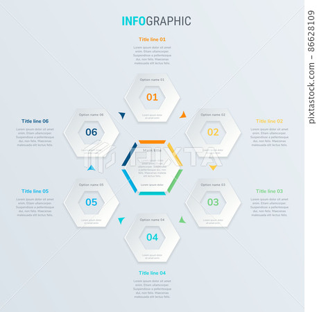 Timeline infographic design vector. 6 steps, honeycomb workflow layout. Vector infographic timeline template. 86628109