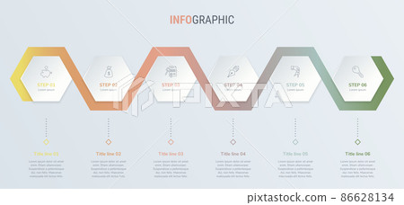 Timeline infographic design vector. 6 options, honeycomb workflow layout. Vector infographic timeline template in vintage colors. Timeline infographic design vector. 6 options, honeycomb workflow layout. Vector infographic timeline template in vintage colors. 86628134