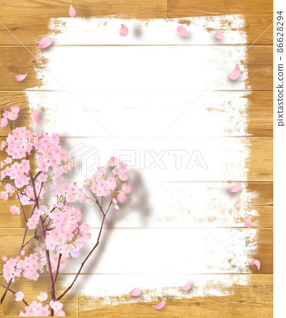 Wallpaper background material with cherry tree branches and petals scattered on a warm wood grain board painted with white paint 86628294