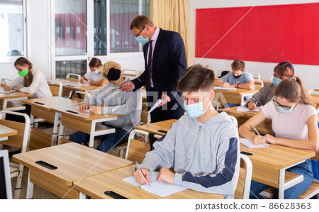 Schoolboy wearing face mask working in class 86628363