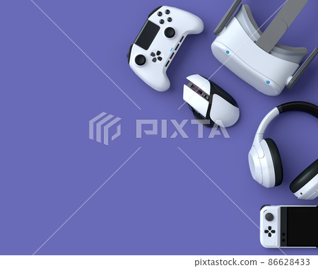 Top view of gamer gears like mouse, keyboard, joystick, VR glasses and headphones on purple table background. 3d rendering of accessories for live streaming concept 86628433