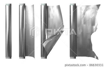 Realistic Detailed 3d Coil or Roll of Silver Aluminium Foil Set Opened and Closed View. Vector illustration 86630331