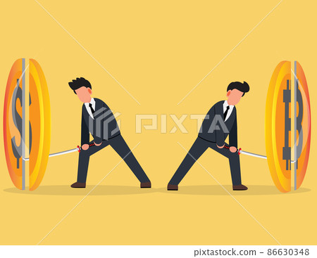 Two businessman cut the gold coin with a sword. Lose money investment in financial crisis 86630348