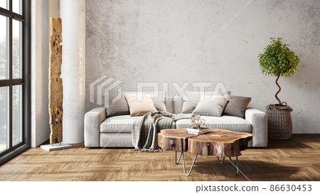 Modern beautiful interior with columns, white wall, large windows, high ceiling and stylish furniture. Bright loft design. 3D rendering 86630453