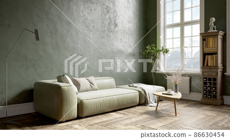 Modern beautiful interior of the room with colored walls, large windows and stylish furniture. Bright and stylish design. 3D rendering 86630454