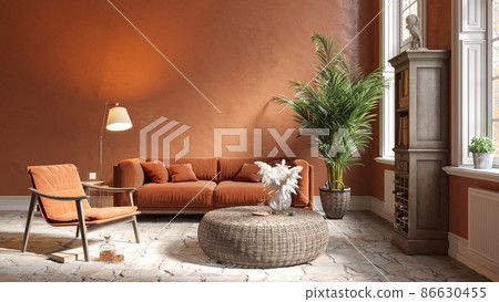 Modern beautiful interior of the room with colored walls, large windows and stylish furniture. Bright and stylish design. 3D rendering 86630455