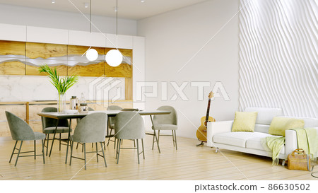 Modern beautiful interior of the room with light walls, large windows and stylish furniture. Bright design in Scandinavian style. 3D rendering 86630502
