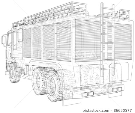 Wire-frame Fire truck. Fire Engine outline Vector Illustration of truck 86630577