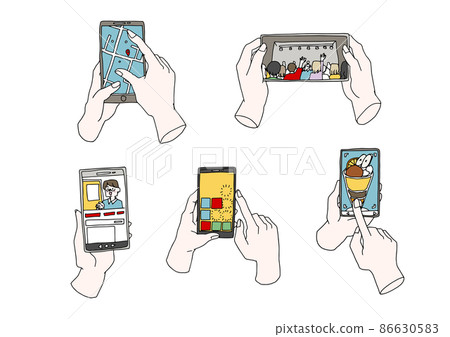 A set of hands that use various functions on a smartphone, a comical handwritten person vector, and simple coloring of line drawings. 86630583