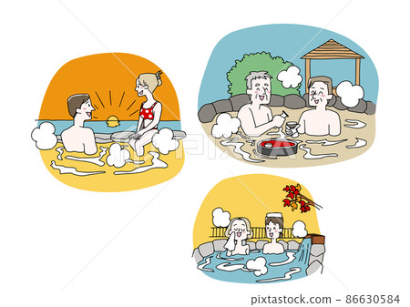 A set of people who enjoy soaking in an outdoor hot spring, a comical handwritten person, a vector, and simple coloring of line drawings. 86630584