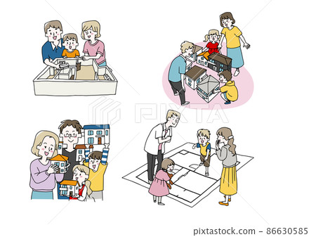 A family set that happily talks about buying and designing a house, a comical handwritten person 86630585