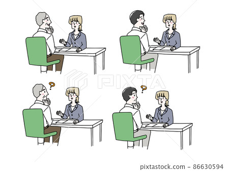 一群男人在櫃檯旁聽年輕女員工的講解。溫暖的手寫人物插圖。 86630594