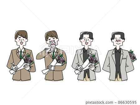 一組男人拿著一束鮮花，為送禮者和收禮者提供溫暖的手寫插圖 白色背景上的矢量 86630595