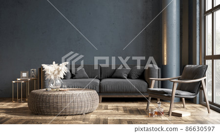 Modern beautiful interior with columns, colored wall and stylish furniture. Bright loft design. 3D rendering Modern beautiful interior with columns, colored wall and stylish furniture. Bright loft design. 3D rendering 86630597