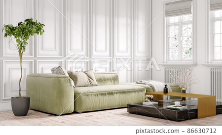 Beautiful interior of a modern room. Bright and clean design. A sofa standing by a large window against a wall background. 3D rendering 86630712