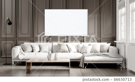 Modern interior of a room with an empty painting. Sofa and large window, wooden floor and wall. Clean lines of interior design. 3D rendering Modern interior of a room with an empty painting. Sofa and large window, wooden floor and wall. Clean lines of interior design. 3D rendering 86630713