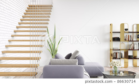 Modern stylish interior of the living room, a room with a staircase, wooden floor and a large window. 3D rendering 86630714