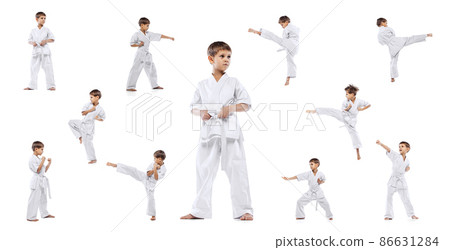 Full-length portrait of little boy, motivated sportsman in white kimono training isolated over white background. Collage 86631284