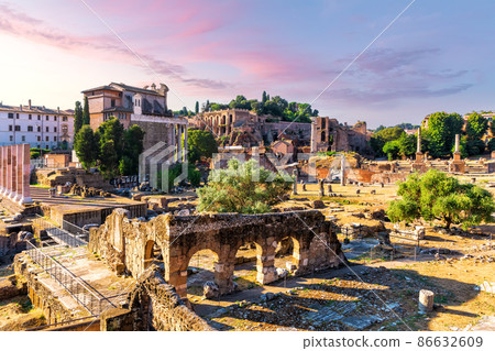Roman Forum, Tiberius Palace, the Temple of Antoninus, Faustina from the Basilica Aemilia ruins Roman Forum, Tiberius Palace, the Temple of Antoninus, Faustina from the Basilica Aemilia ruins 86632609