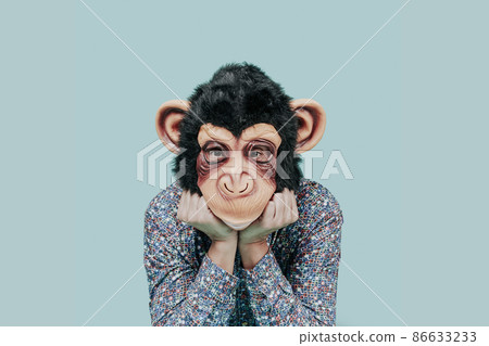 man wearing a monkey mask looks to the observer man wearing a monkey mask looks to the observer 86633233