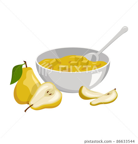 Bowl with spoon with yellow pear jam, whole fruit with leaves and halves with seeds. Delicious healthy food and product. Vector flat food illustration 86633544