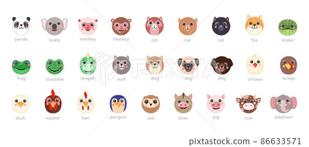 Round Animals Set Cute portraits cartoon illustration flat vector dog, cat, snake, frog, chicken, cow, hen, wolf penguin 86633571