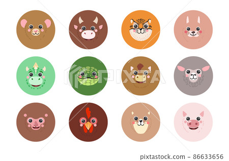 Round Animals Set Chinese Zodiac Twelve Signs portraits Icons Cute cartoon illustration flat vector avatars rat, ox 86633656