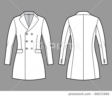 Fitted jacket double breasted suit technical fashion illustration with long sleeves, notched collar, fingertip length Fitted jacket double breasted suit technical fashion illustration with long sleeves, notched collar, fingertip length 86633866