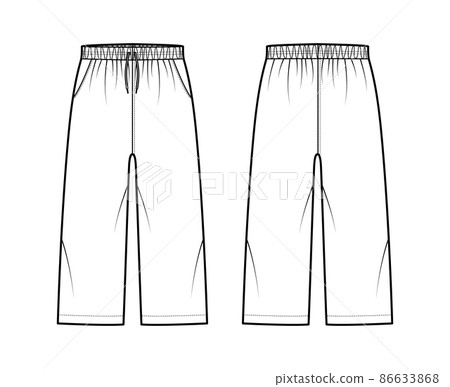 Bermuda shorts Activewear technical fashion illustration with elastic low waist, rise, drawstrings, pockets, Relaxed fit Bermuda shorts Activewear technical fashion illustration with elastic low waist, rise, drawstrings, pockets, Relaxed fit 86633868